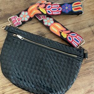 Black Woven Crossbody Bag with Colorful Strap